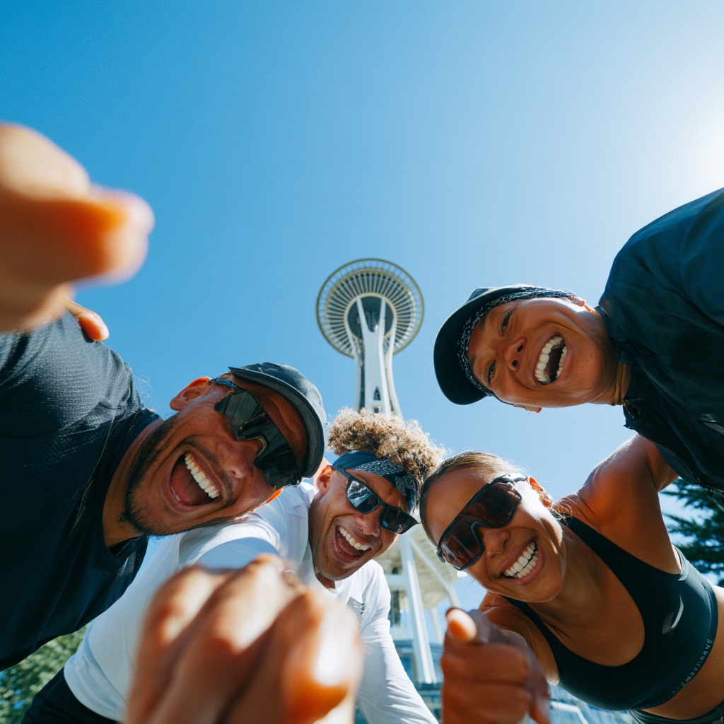 Four runners in sunglasses leaning into a low-angle selfie beneath the Space Needle