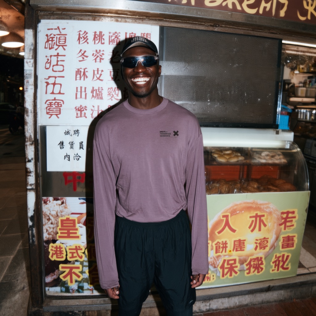 A runner in a lilac RUNX long-sleeve grinning outside a bakery window at night
